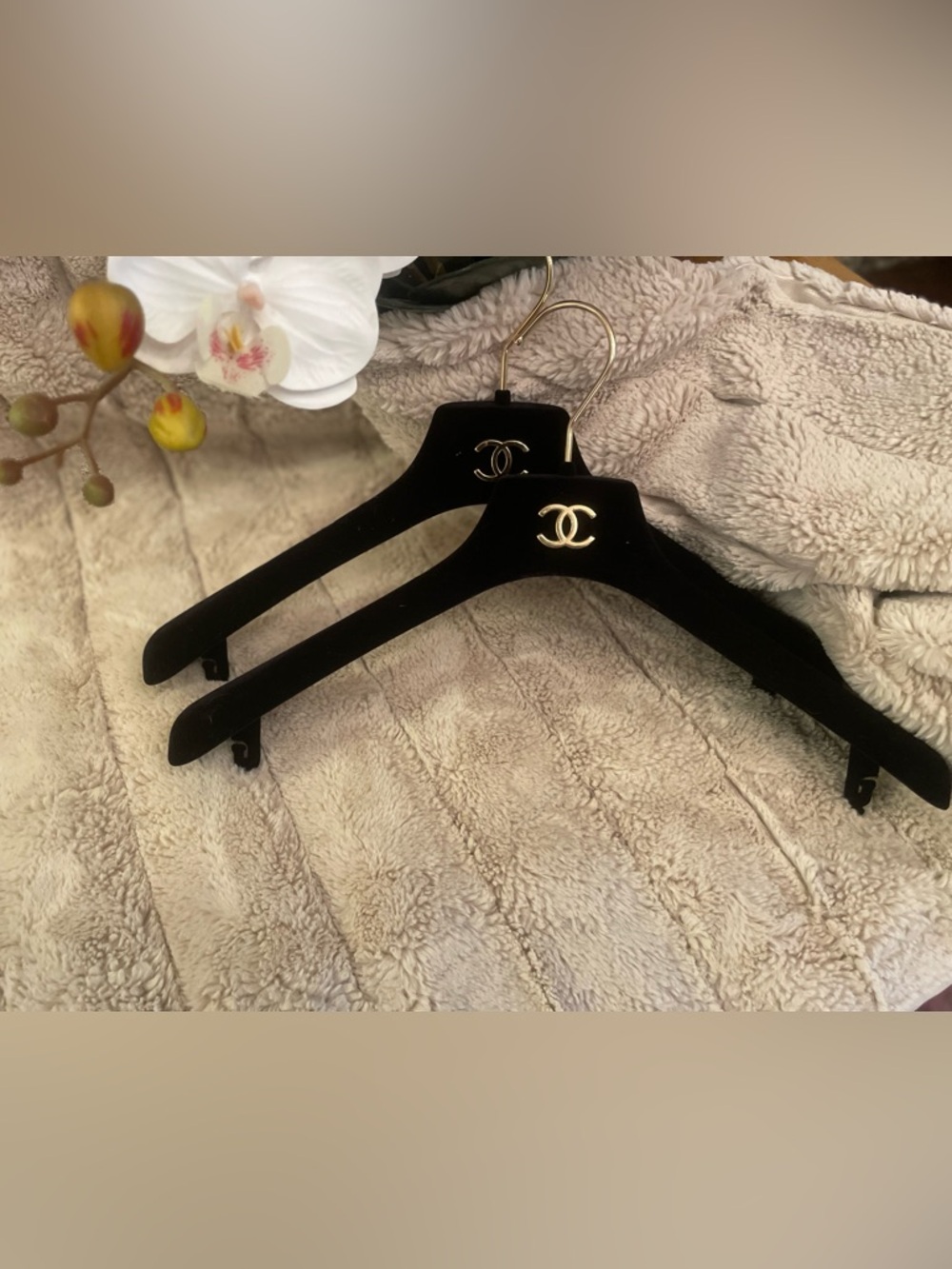 CHANEL Black Velvet Hangers with Gold Logo - Set of 2